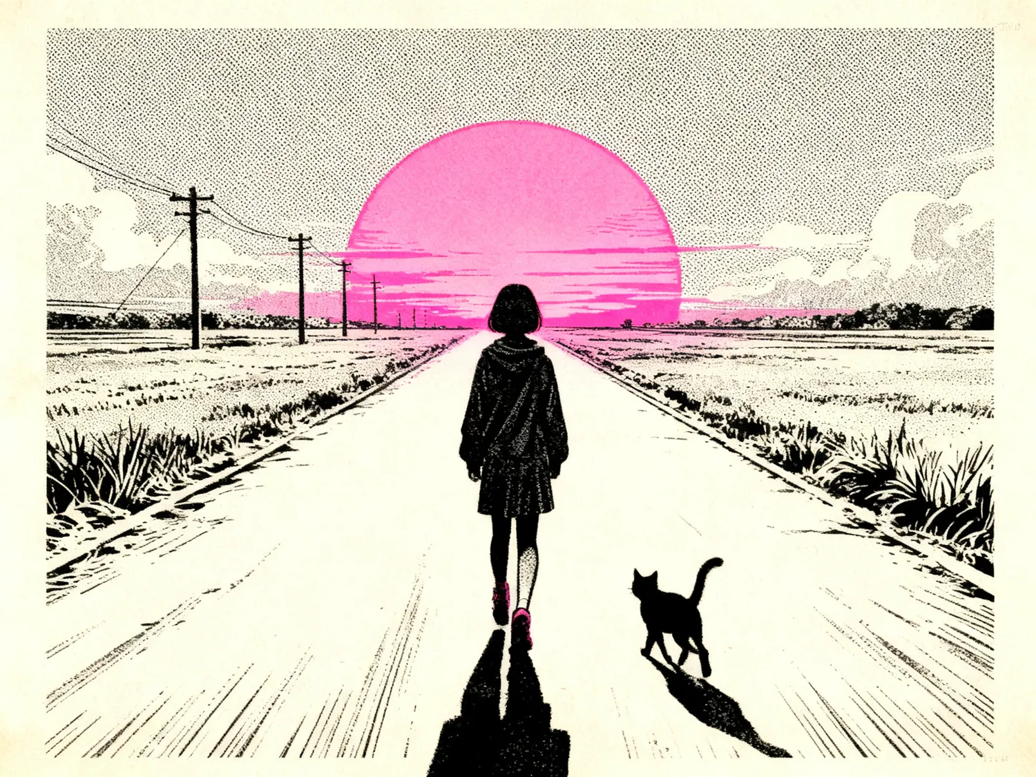 Mika and the cat walking down an empty road toward a pink sunrise