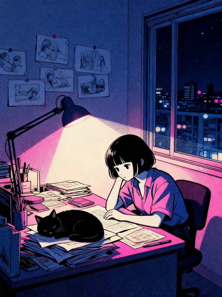 Mika drawing at her desk at night, the cat asleep on the papers