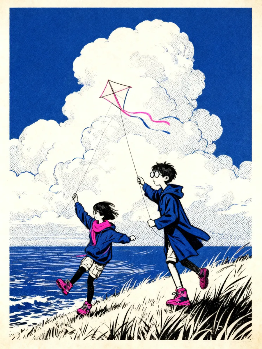 Mika and the boy flying a kite on a hill above the sea