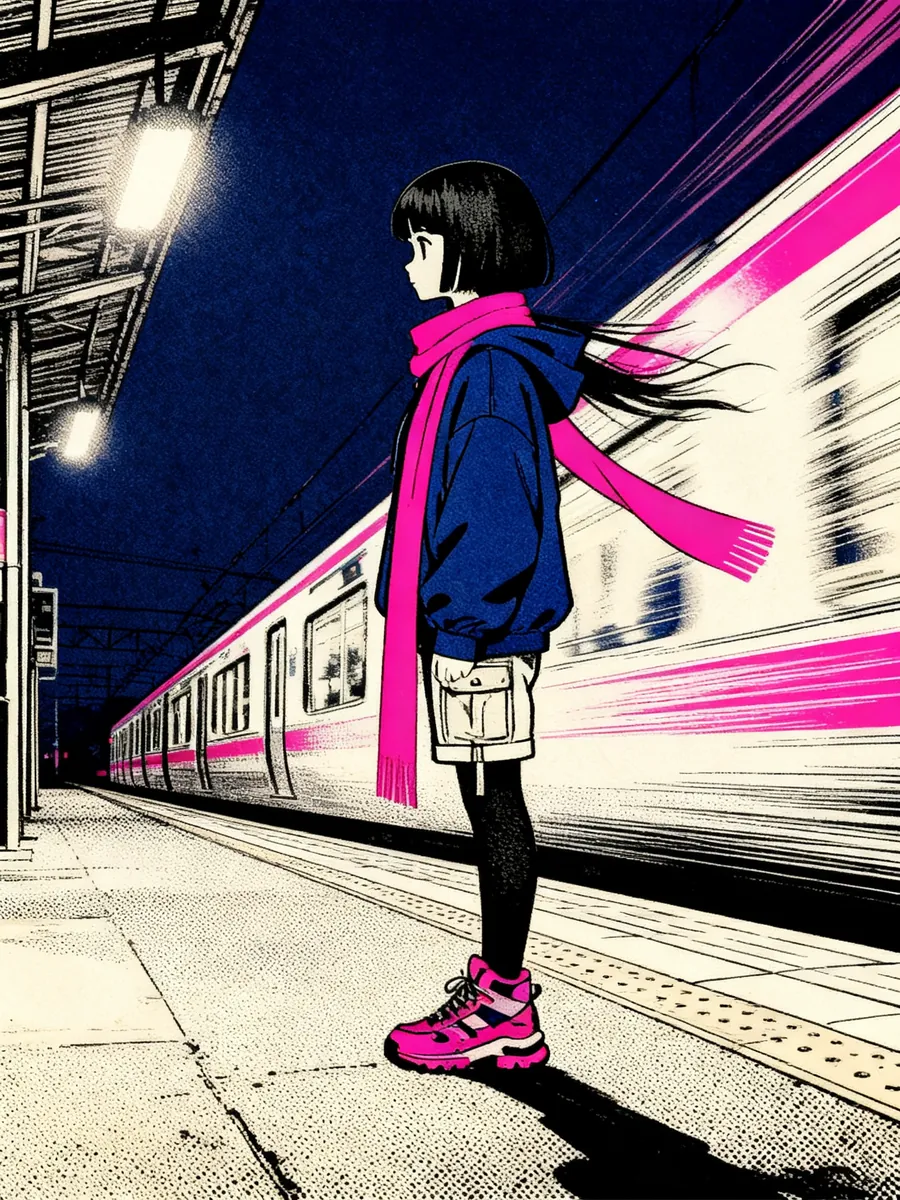 Mika on a night platform as an express train rushes past