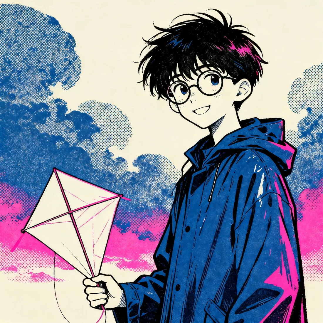 A boy with round glasses and an indigo raincoat holding a paper kite
