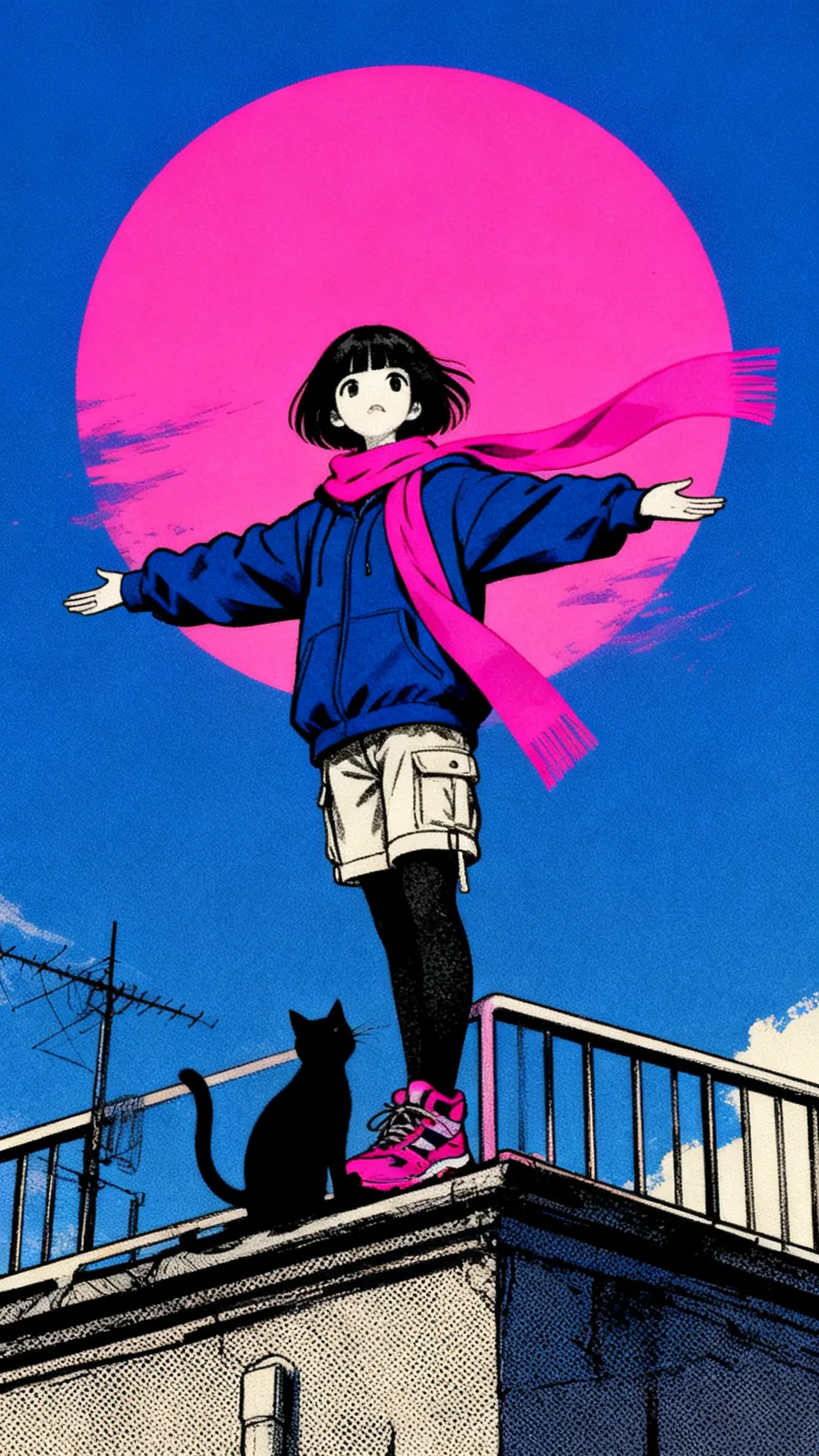 Cover art: Mika balancing on a rooftop railing in front of a giant pink sun, the cat at her feet