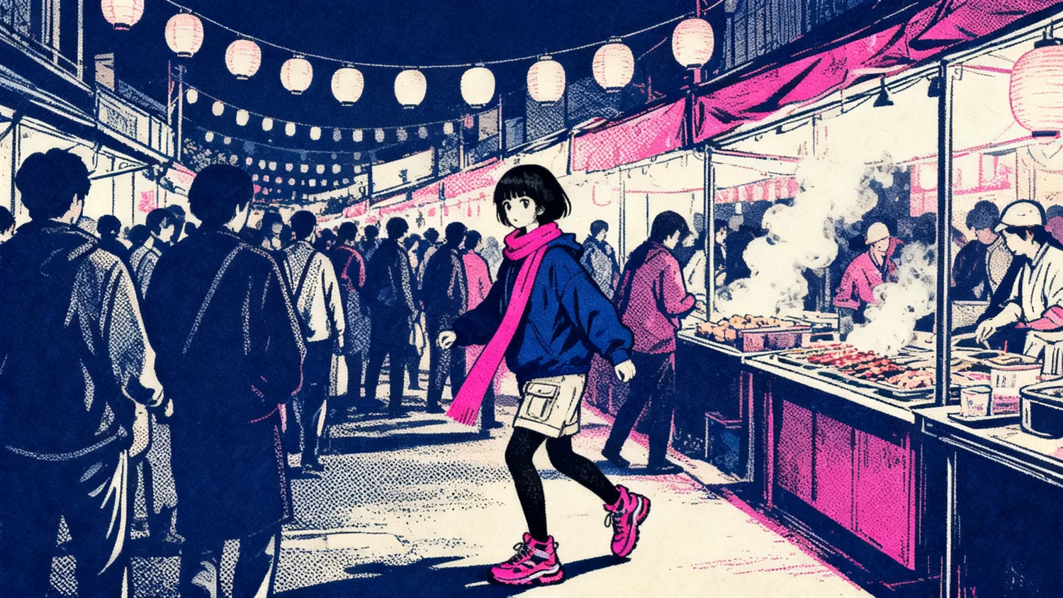 Mika weaving through a crowded night market under paper lanterns