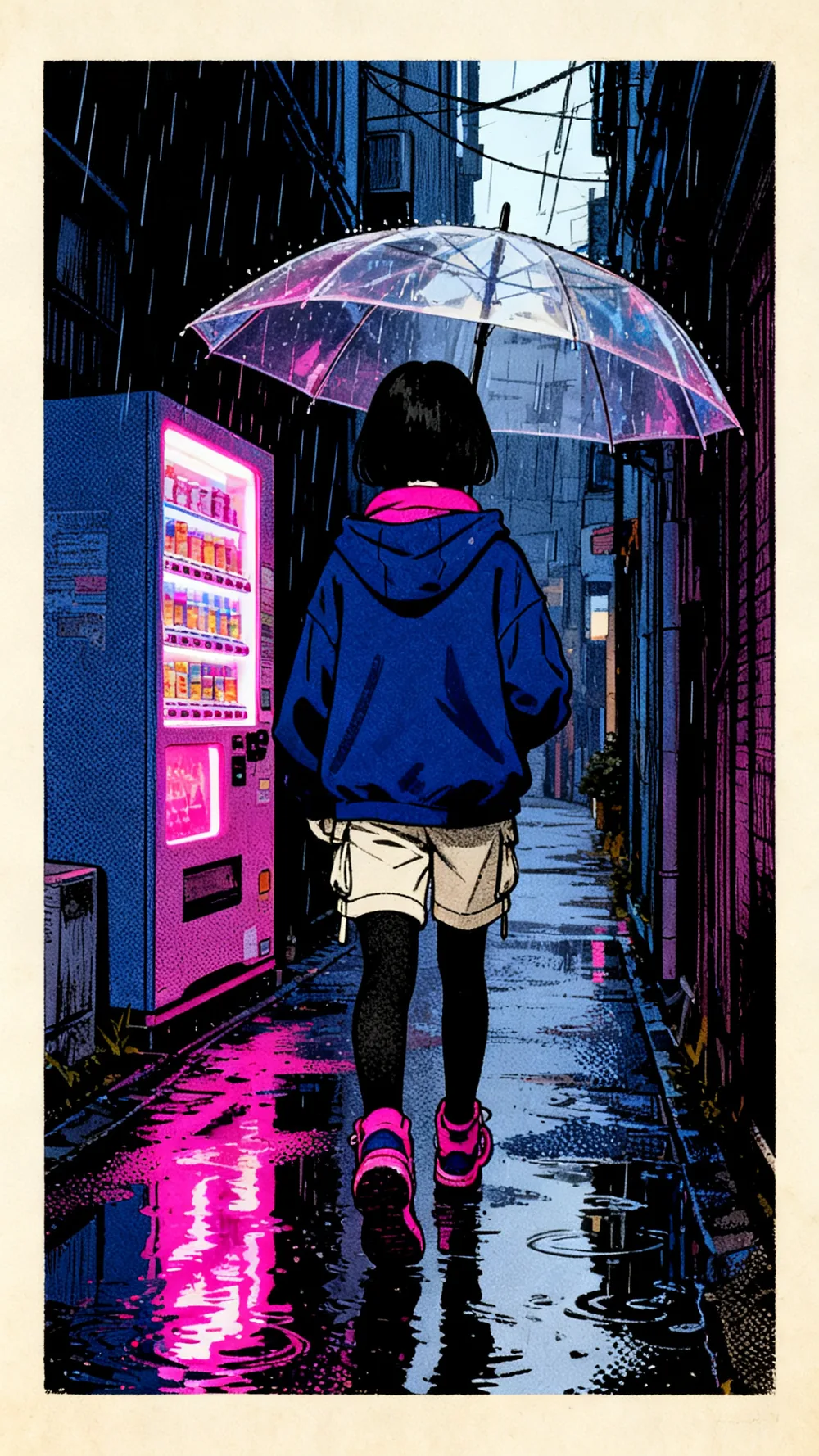 Mika walking down a rainy alley under a clear umbrella past a glowing vending machine