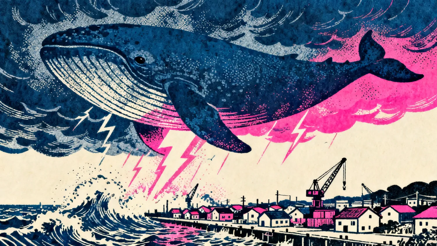 A whale-shaped storm cloud drifting over a harbour town