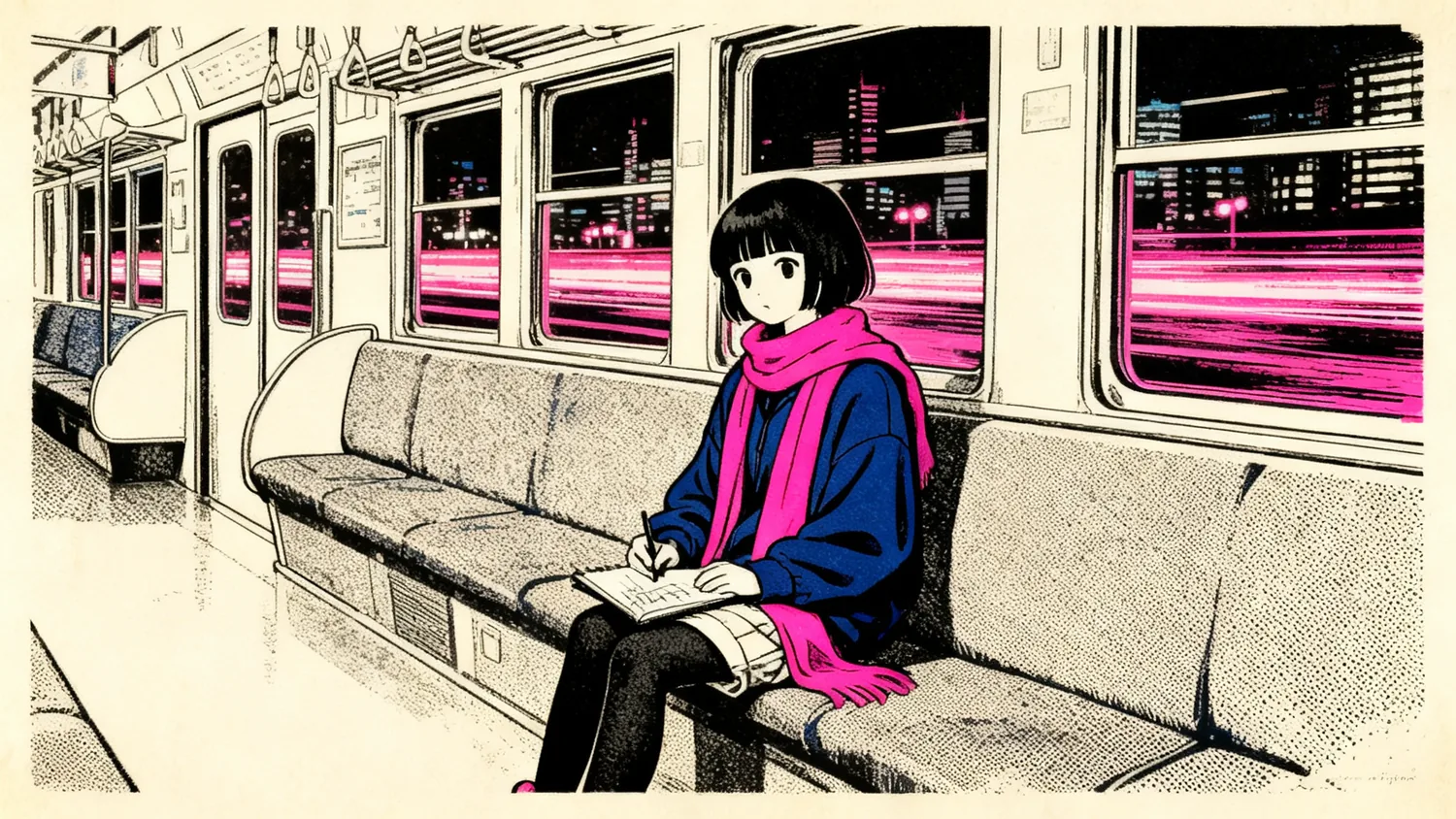 Mika alone in a late-night train carriage with her sketchbook