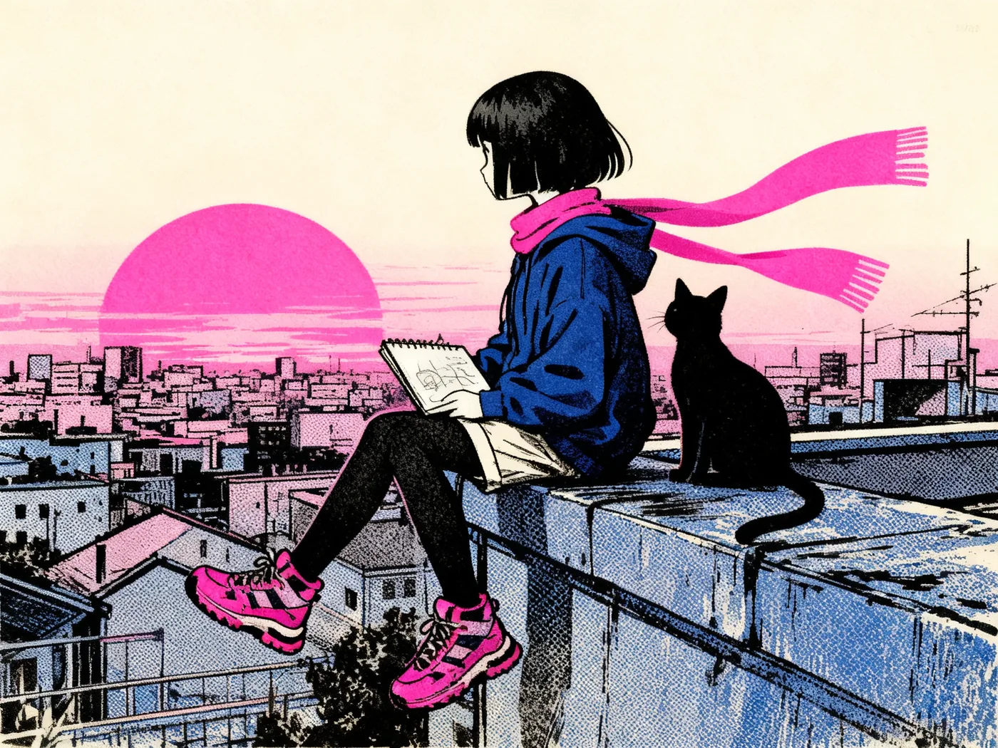 Finished two-colour panel: Mika and the cat on the rooftop at dusk