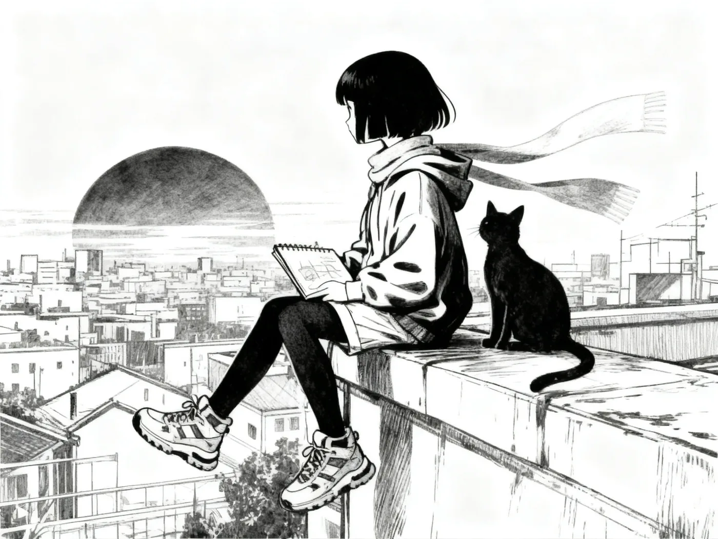 Black ink line art of the rooftop panel
