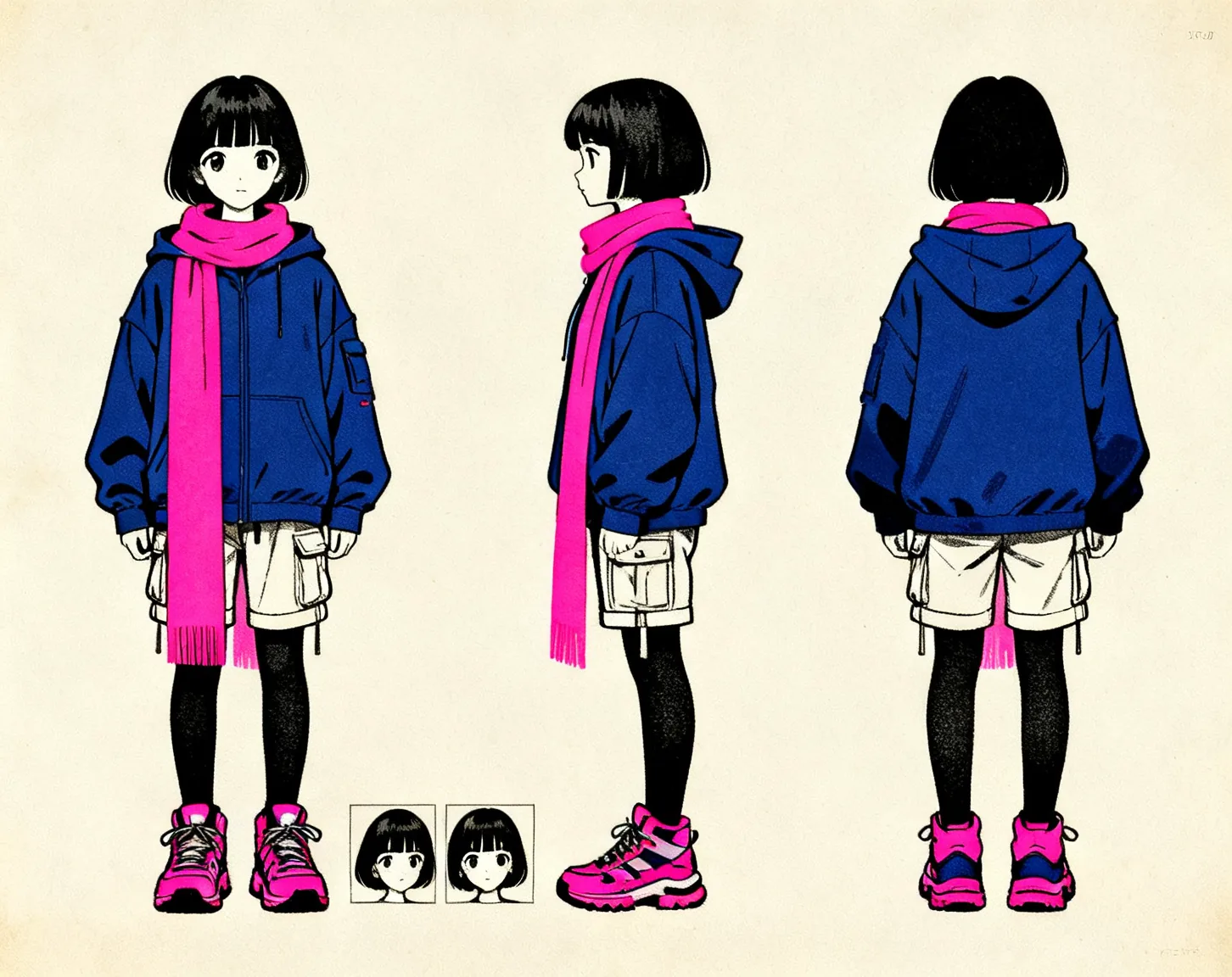 Character sheet: Mika in front, side and back views