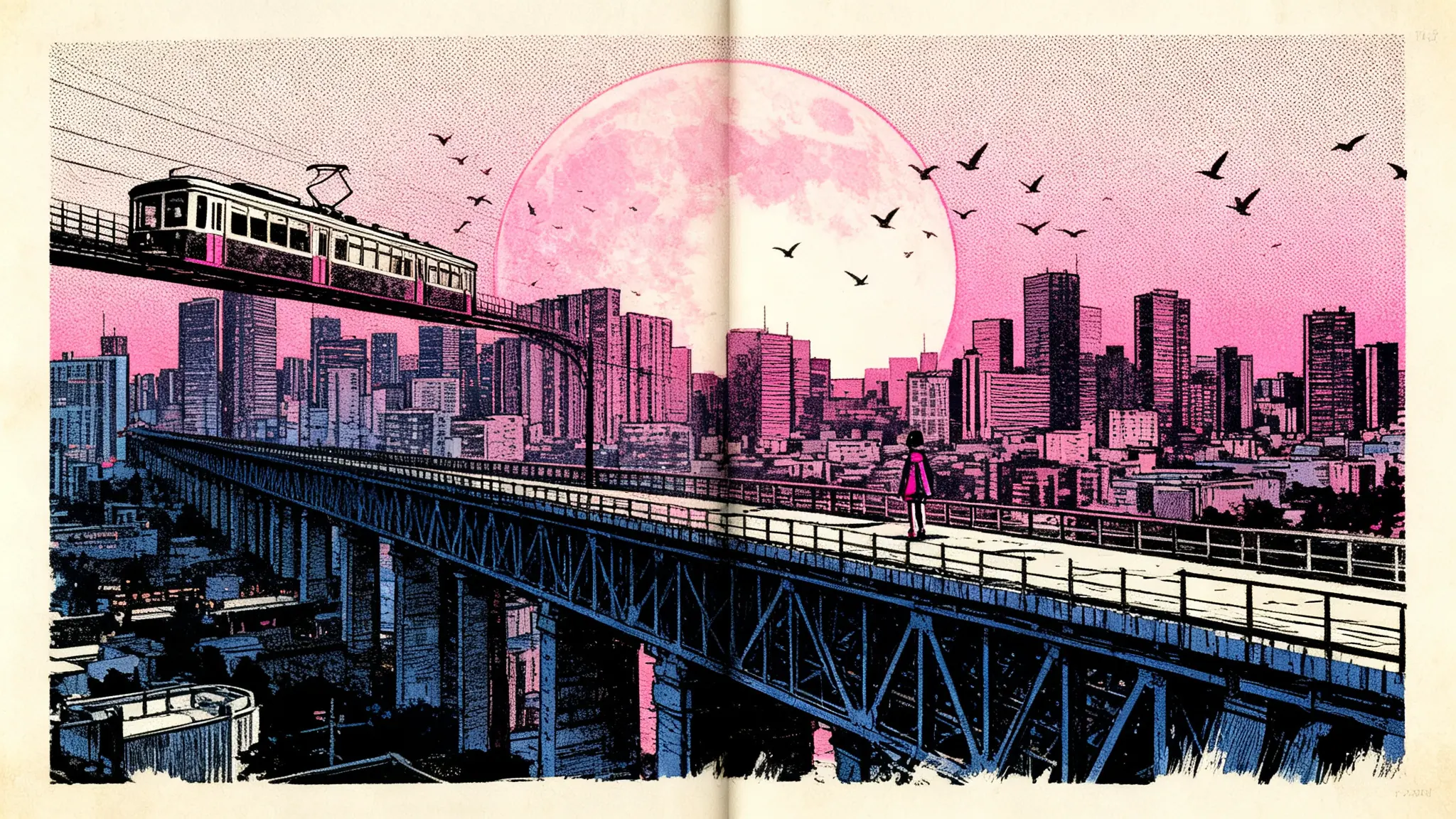 Double-page spread: a tram crossing a long bridge above the city under an enormous pink moon